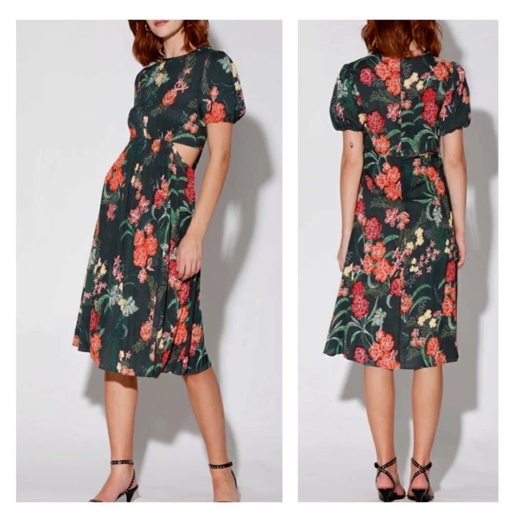Walter Baker Wanita Rain Forest Green Floral Puff Sleeve Midi Dress Size XL NWT